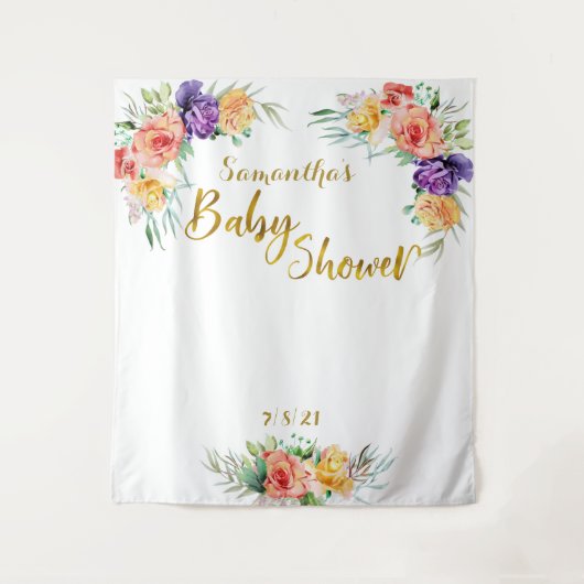 Bloemige Baby Shower Gouden Achtergrond Fotobooth Wandkleed (Voorkant)
