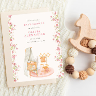Bloemige baby shower in roze waterverf nursery sti kaart