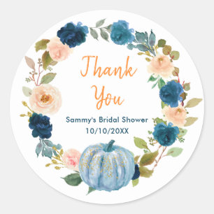 Bloemige babyblauwe pompoen bruiloft thank you ronde sticker