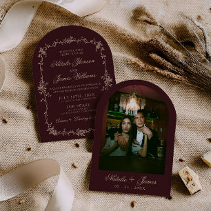 Bloemige Beige Bourgondië Oud Geld Gebogen Trouwfe Kaart