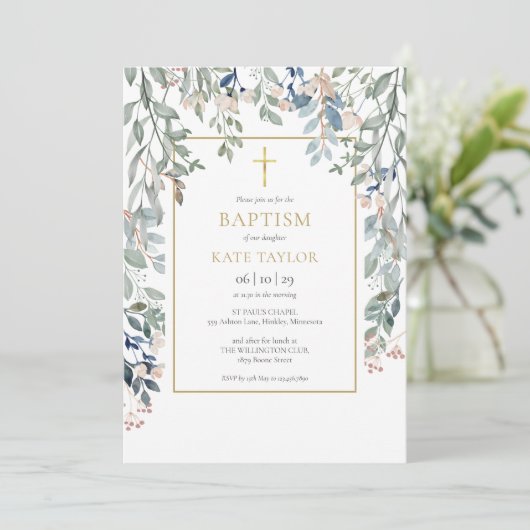 Bloemige Bladeren Elegante Gouden Doop Doopfeest Kaart (Staand voorkant)