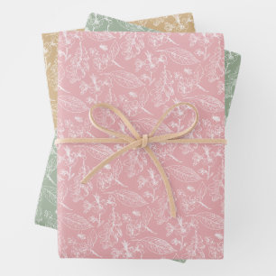 Bloemige Bladeren Kunstpatroon op Roze Salie Groen Inpakpapier Vel