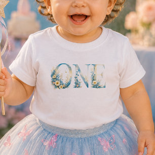 Bloemige blauwe baby t-shirt voor de eerste verjaa