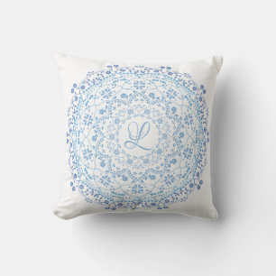 Bloemige Blauwe Eenvoudige Mandala Cirkel Minimali Kussen