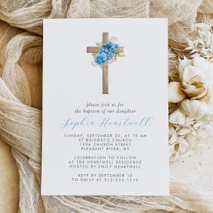 Bloemige Blauwe Gouden Rozen Kruis Meisje Doop Kaart