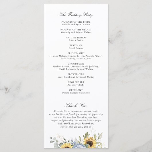 Bloemige Blauwe Hortensia Zonnebloemen Trouwprogra Programma (Achterkant)