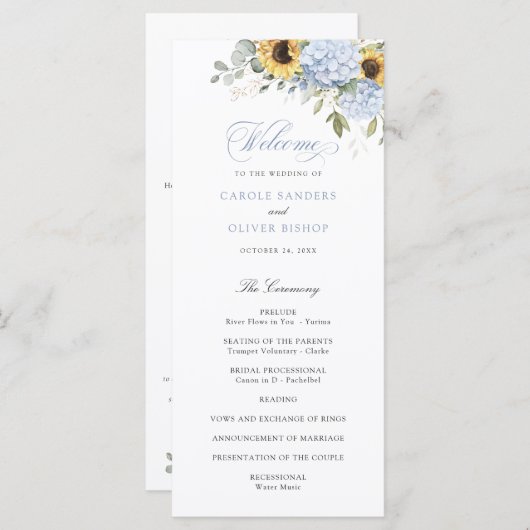 Bloemige Blauwe Hortensia Zonnebloemen Trouwprogra Programma (Voorkant / Achterkant)