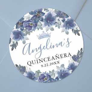 Bloemige Blauwe Quinceanera Ronde Sticker