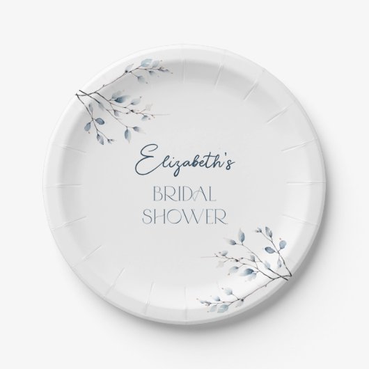 Bloemige blauwe winter botanische bruids-shower papieren bordje (Voorkant)