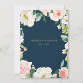 Bloemige Blush Navy Sliert Lichtjes Elegante Trouw Kaart (Achterkant)