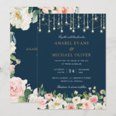 Bloemige Blush Navy Sliert Lichtjes Elegante Trouw Kaart (Voorkant / Achterkant)