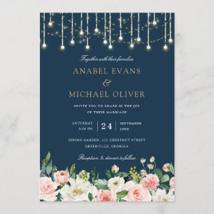 Bloemige Blush Navy Sliert Lichtjes Elegante Trouw Kaart