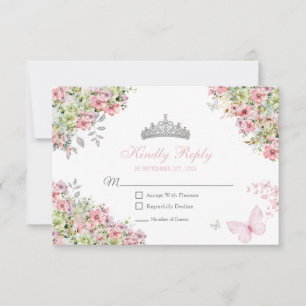 Bloemige Blush Roze en Groene Vlinder Quinceañera RSVP Kaartje