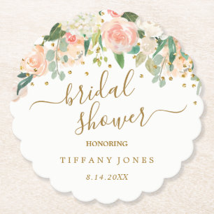 Bloemige Blush Roze Gouden Confetti Bruidsdouche Kartonnen Onderzetters