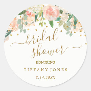 Bloemige Blush Roze Gouden Confetti Bruiloftsfeest Ronde Sticker