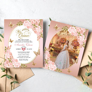 Bloemige Blush Roze Gouden Vlinder Foto Quinceañer