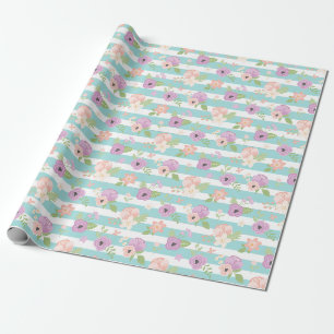 Bloemige Blush Roze Paarse Groene Blauw Strepen Cadeaupapier