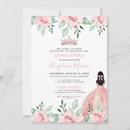 Bloemige Blush Roze Quinceañera Uitnodiging (Voorkant)