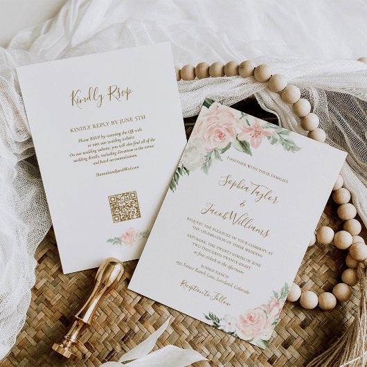 Bloemige Blush Roze Salie Groene QR Code RSVP Trou Kaart