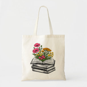 Bloemige Boekstapel Esthetiek Wilde Bloemen Lezer Tote Bag
