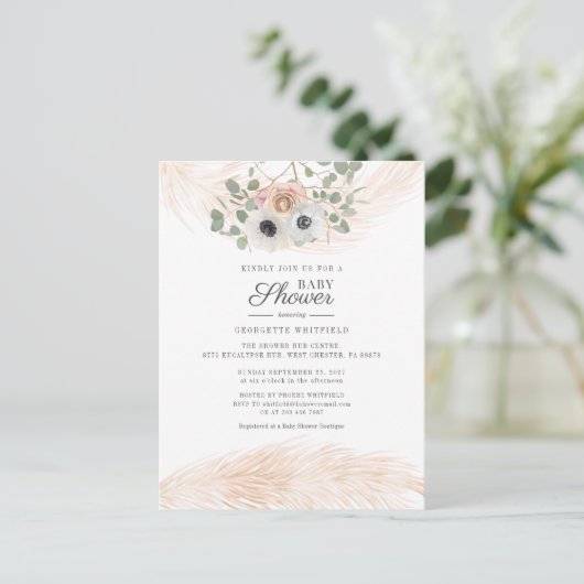 Bloemige Boho Pampas Gras Moderne Meisje Baby Show Uitnodiging Briefkaart (Staand voorkant)
