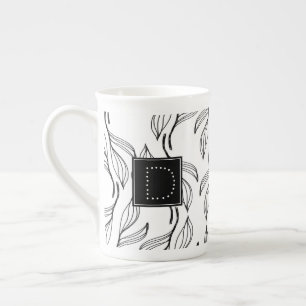 Bloemige botanische groene zwart-wit monogram porselein kop