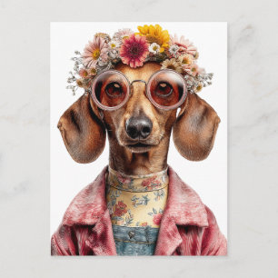 Bloemige Dachshund met Vintage Stijl Briefkaart