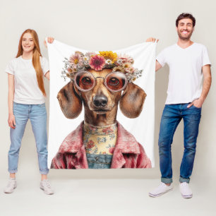 Bloemige Dachshund met Vintage Stijl Fleece Deken