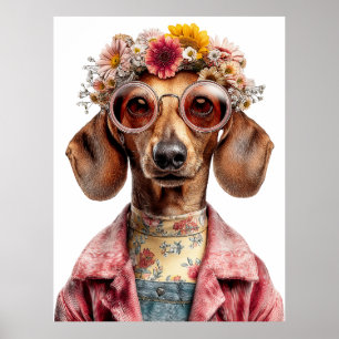 Bloemige Dachshund met Vintage Stijl Poster
