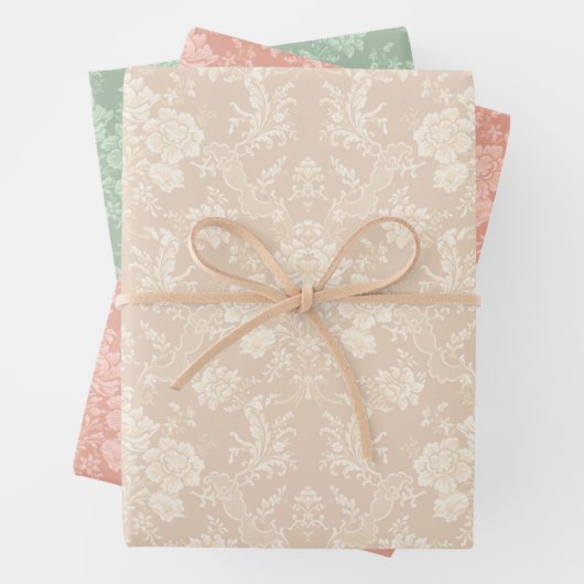  bloemige Damask-pastelperzik, groen, crème Inpakpapier Vel (In situ)