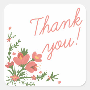 Bloemige Dank Je Wel Roze Bloemen Koraal Vierkante Sticker