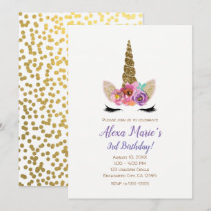 Bloemige Eenhoorn Hoorn Gouden Confetti Verjaardag Kaart