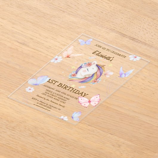 Bloemige Eenhoorn Vlinders Gestreepte Verjaardag Acryl Uitnodigingen (Laagn)