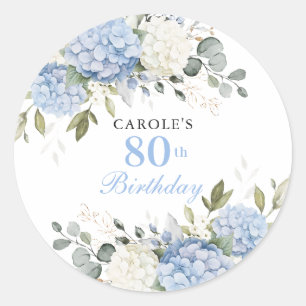 Bloemige Elegante Blauwe Hortensia 80ste Verjaarda Ronde Sticker