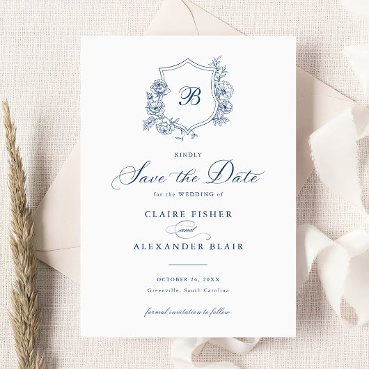 Bloemige Elegante Rozen Wapen Monogram Save the Da Kaart