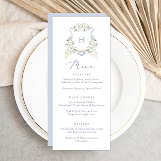Bloemige Elegante Stofblauwe Witte Trouw Crest Men Menu