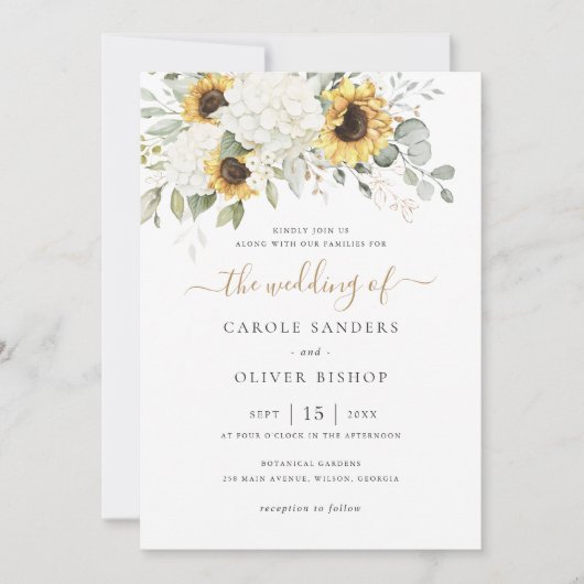 Bloemige Elegante Witte Hortensia Zonnebloemen Bru Kaart (Voorkant)