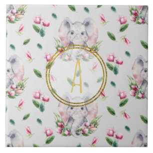 Bloemige ELEPHANT Monogram Meisje Roze Slaapkamer  Tegeltje