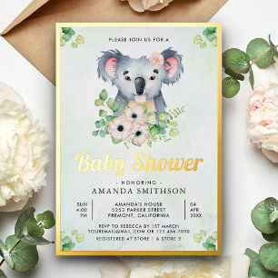 Bloemige Eucalyptus Koala Meisje Baby Shower Goud Folie Uitnodiging