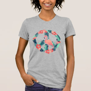 Bloemige Flamingo Vredesteken Mooie Roze T-Shirt