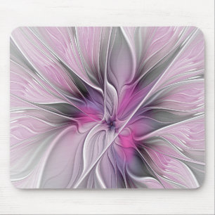 Bloemige Fractal Moderne Abstracte Bloem Roze Grij Muismat
