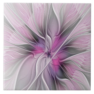 Bloemige Fractal Moderne Abstracte Bloem Roze Grij Tegeltje