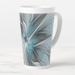 Bloemige Fractale Moderne Abstracte Bloem Blauw Gr Latte Mok