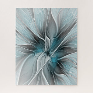 Bloemige Fractale Moderne Abstracte Bloem Blauw Gr Legpuzzel