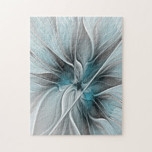 Bloemige Fractale Moderne Abstracte Bloem Blauw Gr Legpuzzel