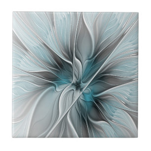 Bloemige Fractale Moderne Abstracte Bloem Blauw Gr Tegeltje