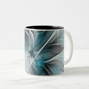 Bloemige Fractale Moderne Abstracte Bloem Blauw Gr Tweekleurige Koffiemok
