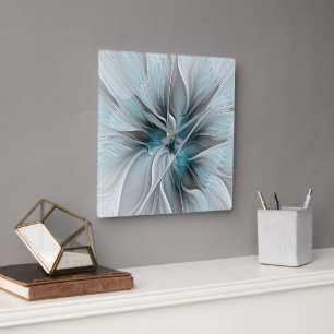 Bloemige Fractale Moderne Abstracte Bloem Blauw Gr Vierkante Klok