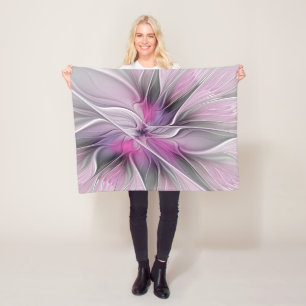 Bloemige Fractale Moderne Abstracte Bloem Roze Gri Fleece Deken