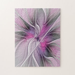 Bloemige Fractale Moderne Abstracte Bloem Roze Gri Legpuzzel